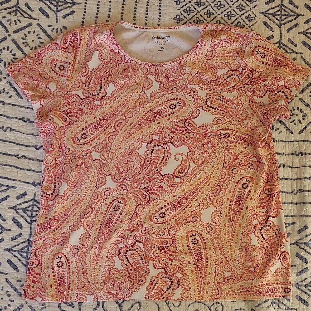 Croft & Barrow Pink and White Paisley Short Sleeve Top 100% Cotton Womens Xl